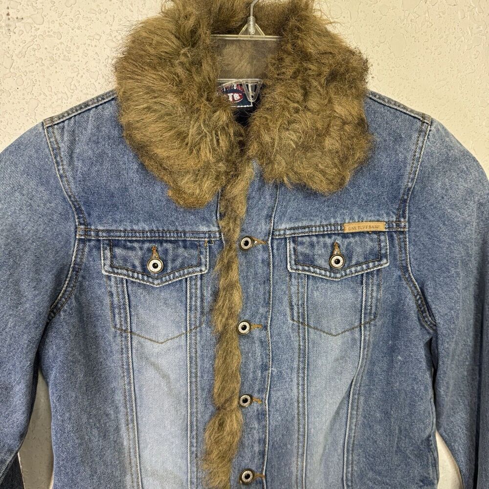One Tuff Babe Denim Jacket Faux Fur Trim Blue Woman Size L Button Close - Picture 11 of 11
